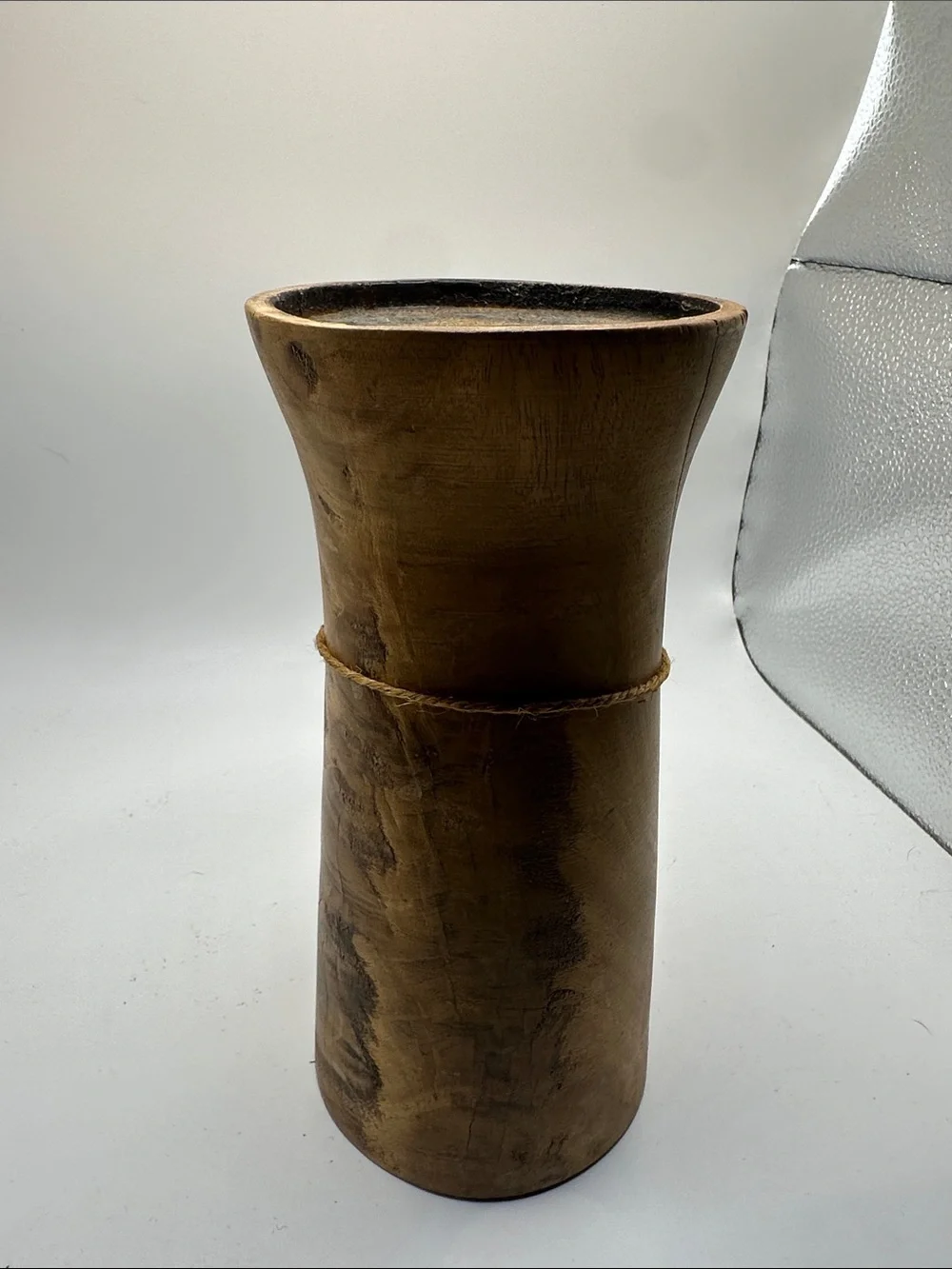 Handcrafted Brown Wood Vase with Natural Twine Accent